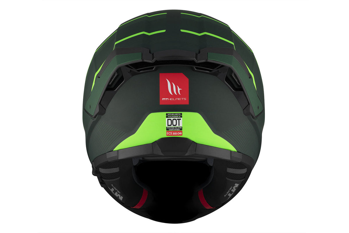 Baksidan av MT Helmets Integral Mc-Hjälm Thunder 4 SV R25 Grön med röd MT Helmets-logotyp, DOT-certifiering och neon-detaljer.