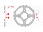 AFAM Steel Standard bakre drev 12115 - 420, kompatibelt med MBK X-Power 50 och Yamaha TZR 50. Teknisk ritning med specifika mått för exakt montering.