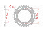 AFAM Steel Standard bakdrev 12304 - 520 med tekniska mått, inklusive 8,5 mm håldiameter. Reservdel för Yamaha motorcyklar som FZR 600 och RD 350 LC.