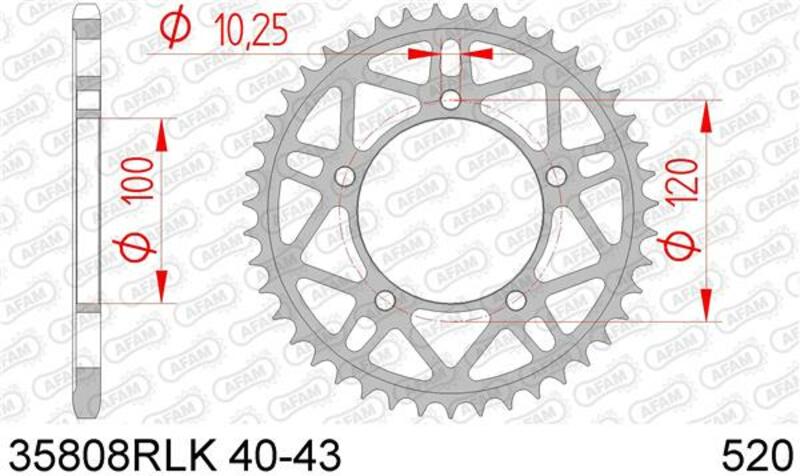 AFAM Steel Ultra-Light bakdrev 35808 - 520 för Aprilia RSV4. Lättviktskonstruktion i stål med 40-43 tänder, optimerad för prestanda och hållbarhet.