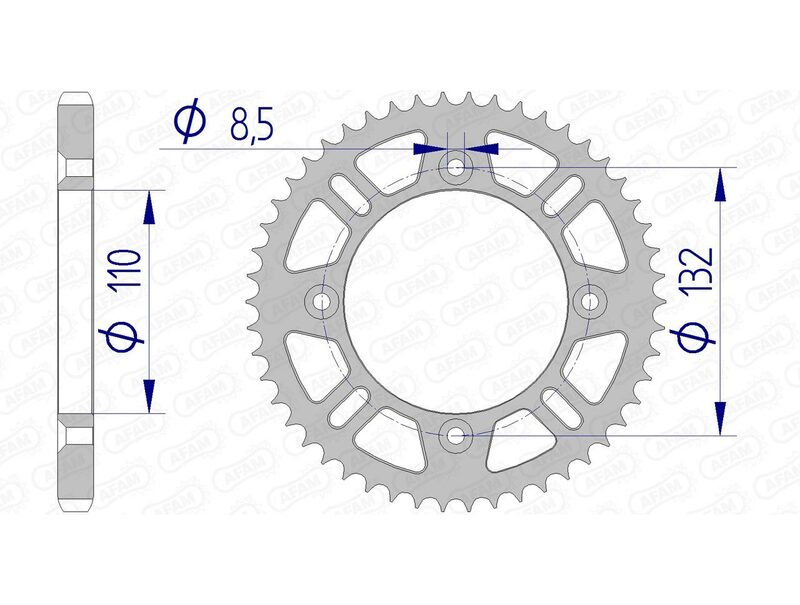 AFAM Aluminium bakdrev 72102 - 428 med tekniska specifikationer. Designat för motocrossmodeller från GasGas, Husqvarna och KTM. Slitstarkt och lätt.