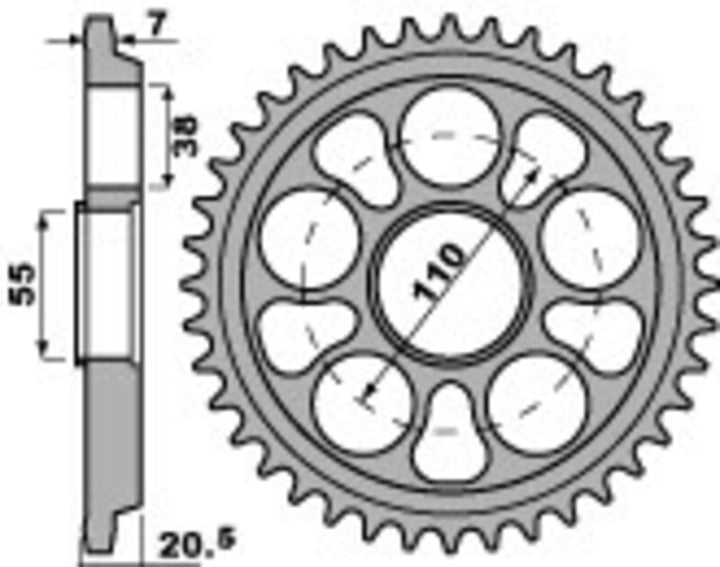 Teknisk ritning av PBR Ultra-Light Aluminium Hard Anodized Rear Sprocket 4320 - 525 4320 39 LD med måttangivelser. Reservdel för chassidelar.
