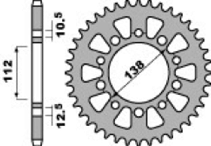 Teknisk ritning av PBR Standard C45 Steel Rear Sprocket 4384 - 520 4384 41 C45 med måttangivelser. Reservdel för chassi och fordonstillbehör.