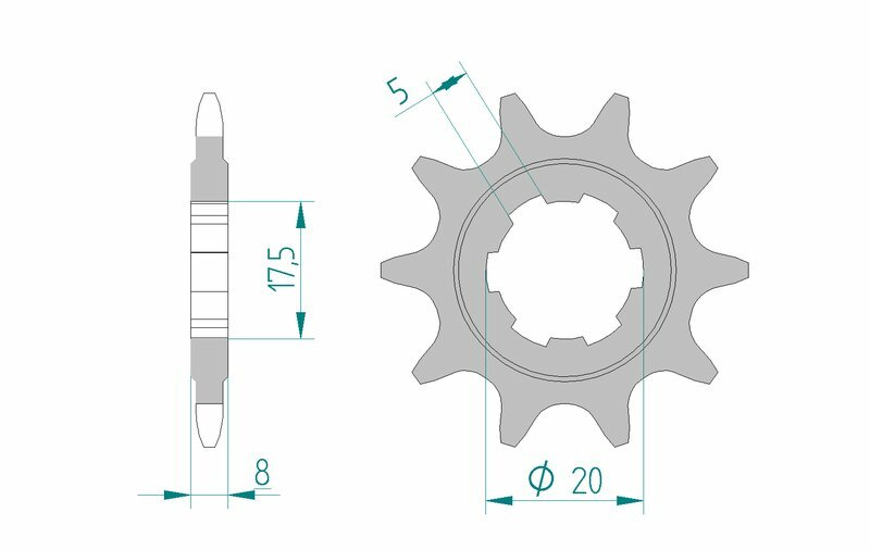 AFAM Steel Standard Front Sprocket 94306 - 520 med tekniska mått. Kedjehjul i stål med 8 mm bredd, 17,5 mm höjd och 20 mm centrumhål.