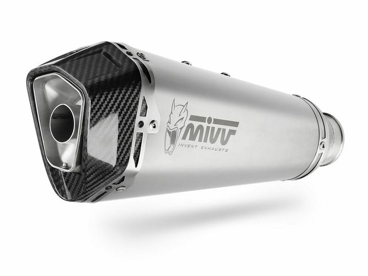 Närbild på MIVV Delta Race Muffler i rostfritt stål med kolfiberändlock, modell 00.73.KT.020.LDRX för KTM Duke 790. Högkvalitativt avgassystem.