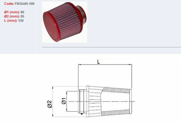 BMC AIR FILTER TAPERED Ø60MM-FMSA60-100 FMSA60-100