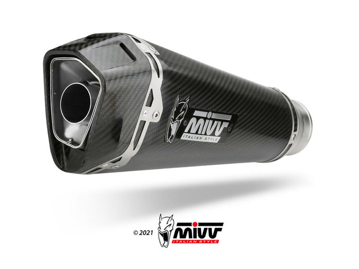 Närbild på MIVV Delta Race Silencer B.036.LDRC i kolfiber, designad för BMW S1000RR. Premium avgassystem inom fordonstillbehör och reservdelar.