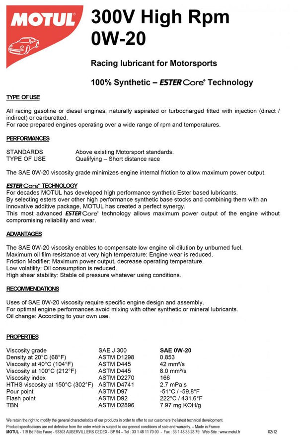Motul 300 V High RPM 0W20 2L (10 pezzi/cartone)
