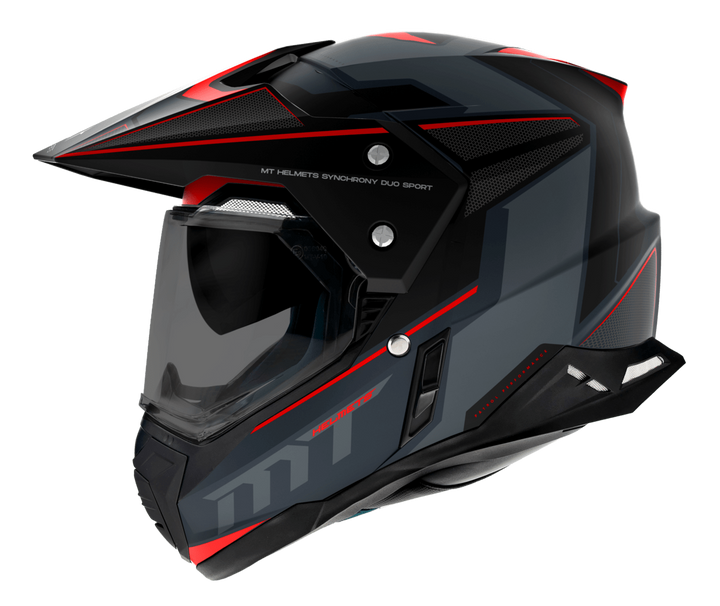 MT Helmets Enduro Mc-Hjälm Synchrony Patrol Matt Röd med modern design, röd och svart färgkombination, idealisk för stad och MX-användning.