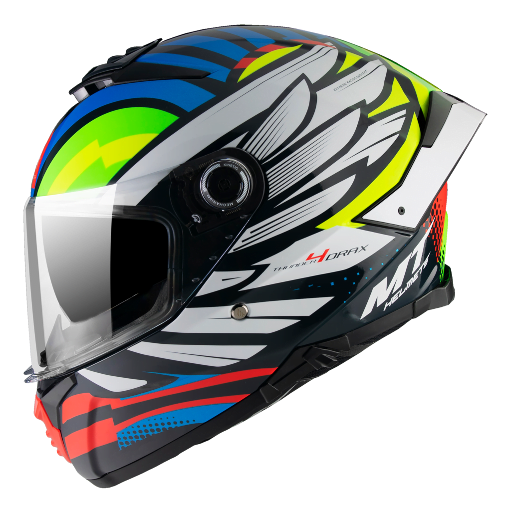 MT Helmets Integral Mc-Hjälm Thunder 4 SV Drax Blå med färgstark design i blått, grönt, rött och vitt, visir och aerodynamisk form.