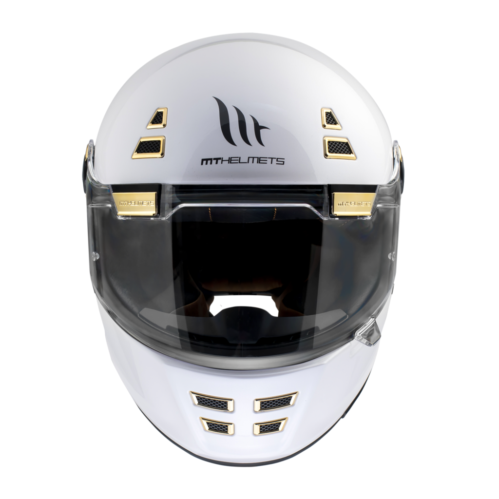 Framifrån av MT Helmets Integral Mc-Hjälm Jarama A0 Pearl White med gulddetaljer, tydligt visir och ventilationssystem. Elegant och funktionell design.