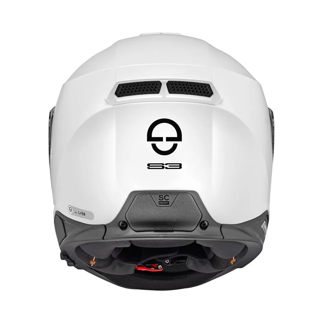 Baksida av Schuberth Integral Mc-Hjälm S3 Vit med ventilationsöppningar och S3-logotyp för en modern och funktionell design.