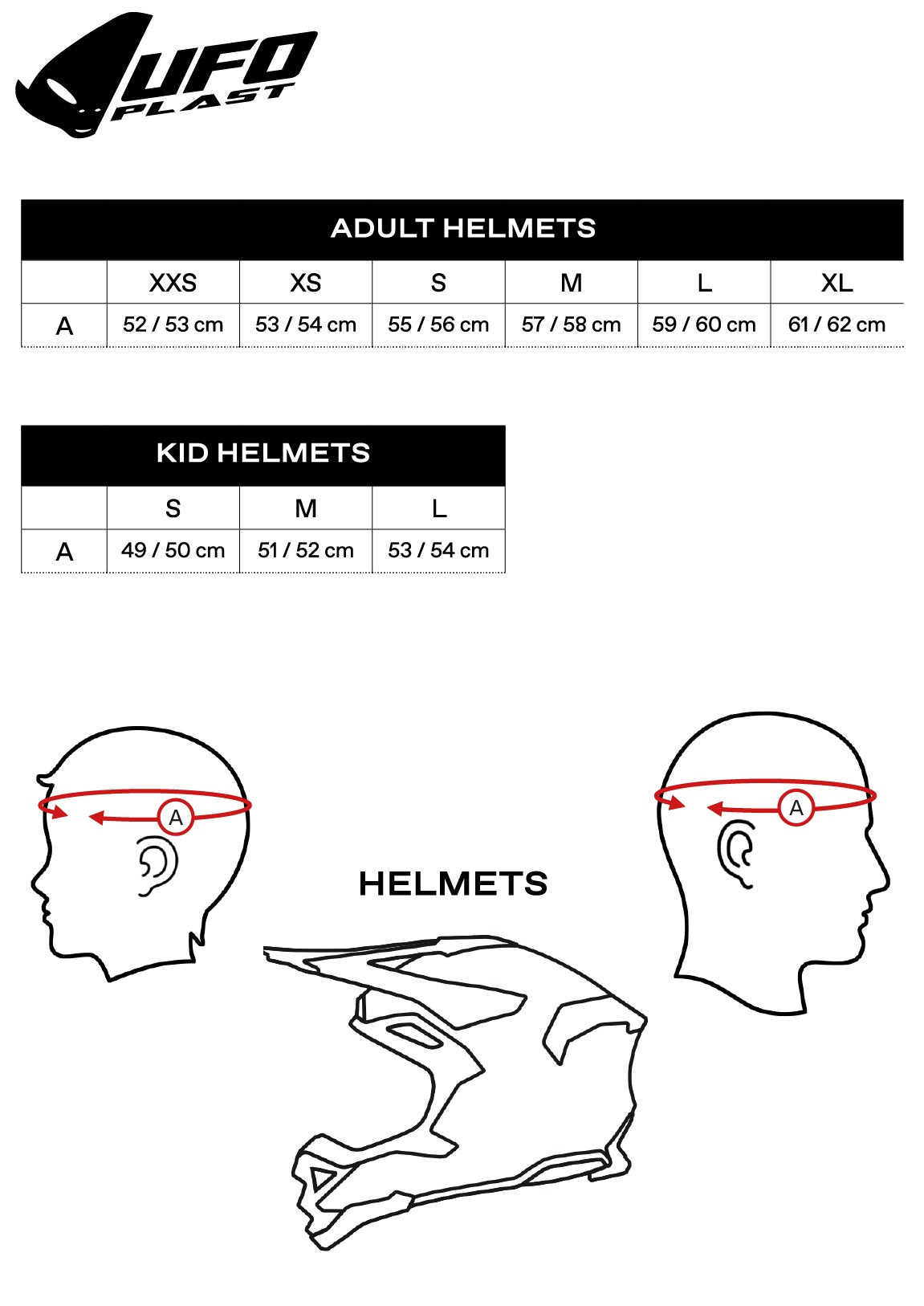 Storlekstabell för UFO Jet Mc-Hjälm Sheratan med mått för vuxna och barn, samt illustration av hjälmens passform.