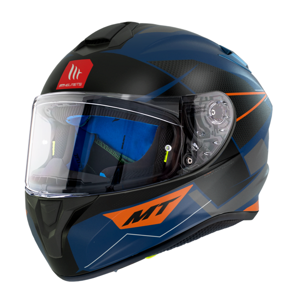 MT Helmets Integral Mc-Hjälm Targo Podium Azul med blå och orange grafik, visir och aerodynamisk design för motorcykelsäkerhet.