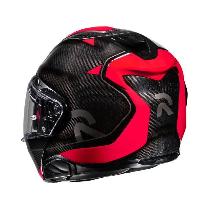 Baksida av HJC mc-hjälm RPHA 91 Carbon Noela i svart och röd med aerodynamisk design och kolfiberstruktur, för säker motorcykelkörning.