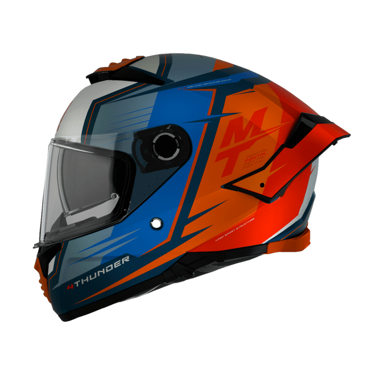 Sidovy av MT Helmets Integral Mc-Hjälm Thunder 4 SV Pental Pearl Orange med integrerat visir och sportig grafik i blått och orange.
