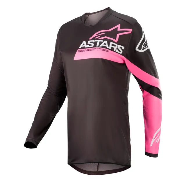 Alpinestars Crosströja Stella Fluid Chaser i svart och rosa design med långärmad passform, idealisk för motocross och offroad-körning.