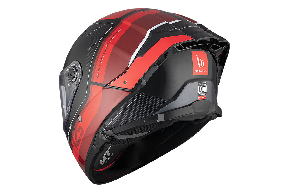 Sidan av MT Helmets Integral Mc-Hjälm Thunder 4 SV R25 Röd med integrerat visir och aerodynamiska linjer i rött och svart.