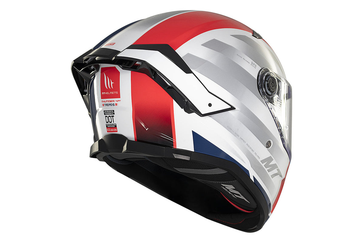 Bakre vy av MT Helmets Integral Mc-Hjälm Thunder 4 SV Treads C7 med röd, vit och blå design, DOT-certifiering och ventilation.