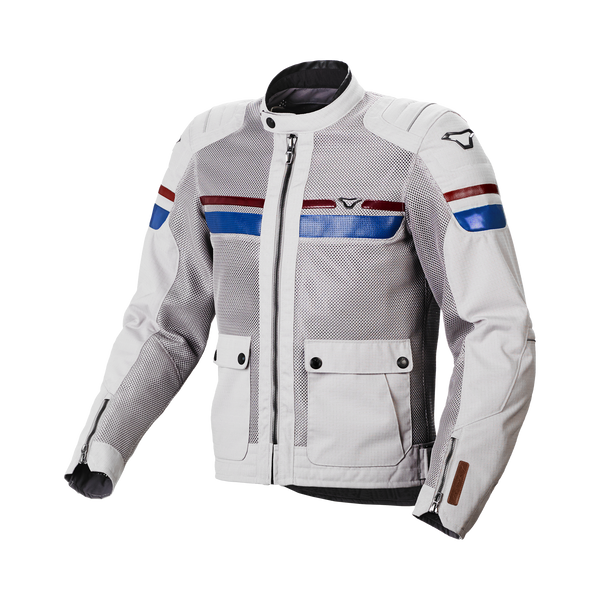 Giacca moto MacNA, grigio chiaro fluente/blu/rosso