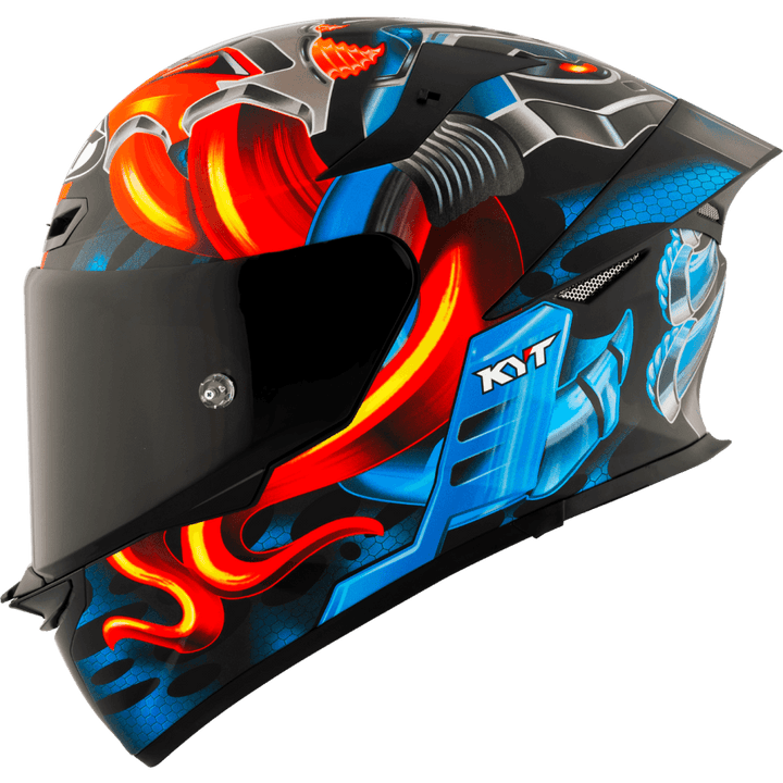 KYT TT-Revo Gear Hjälm med futuristisk grafik i svart, rött och blått. ECE 22-06 certifierad för maximal säkerhet och komfort.