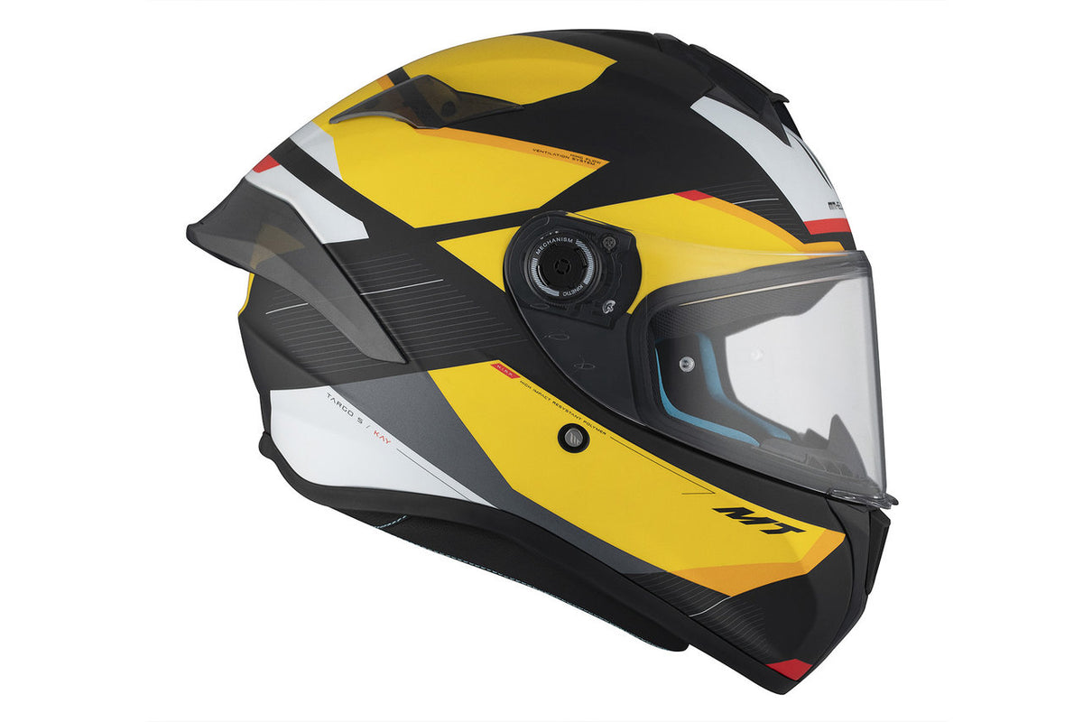 Sido- och frontvy av MT Helmets Integral Mc-Hjälm Targo S Kay B3 med aerodynamisk design och visir i gul-svart färgkombination.