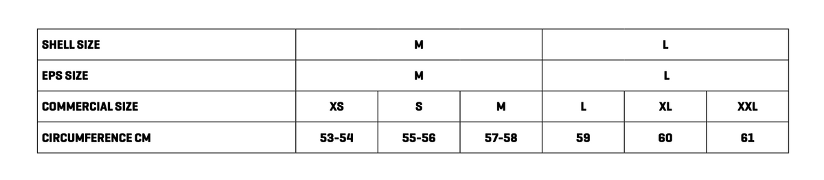 Storlekstabell för KYT TT-Revo Gear Mc-Hjälm som visar skalstorlekar, EPS-storlekar och huvudomkrets i centimeter. Finns i XS till XXL.