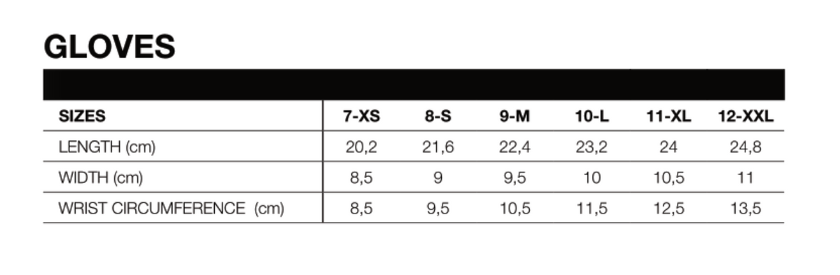 Storlekstabell för RST Sport Mc-Handskar Tractech Evo 4 Smiley med längd, bredd och handledsomkrets i centimeter för olika storlekar.