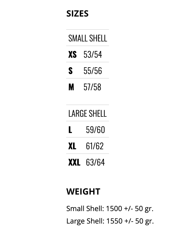 Storlekstabell och viktinformation för Caberg Integral Mc-Hjälm Avalon X Optic Grå/Röd. Finns i storlekar XS till XXL med lättviktig design.