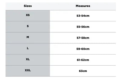 Storlekstabell för Airoh öppningsbar mc-hjälm Rev 19 vit, med mått från XS (53-54 cm) till XXL (63 cm).