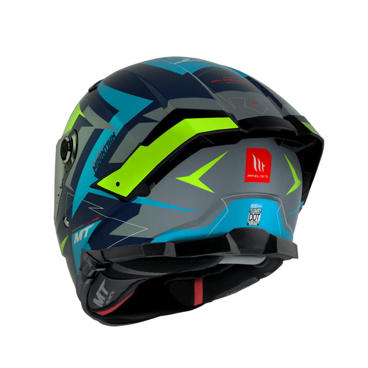 Baksida av MT Helmets Integral Mc-Hjälm Thunder 4 SV Mountain Matt Blå med säkerhetscertifiering och stilrena grafiska detaljer.