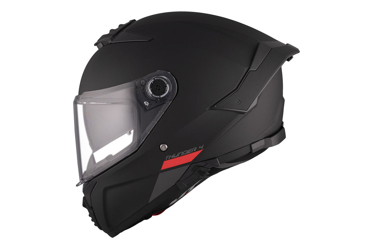 Sidovy av MT Helmets Thunder 4 SV Matt Svart med integrerat visir och röd detalj, idealisk för säker och stilren motorcykelkörning.