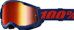 100% Goggles Strata 2 Navy med spegelglas och röd logotyp på remmen, idealiska för motocross och motorcykelskydd.