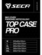 Storleksguide för Seca Outdoor Cover Top Case Pro med mått för M, L, XL, XXL och 3XL. Perfekt för motorcyklar med topplåda.