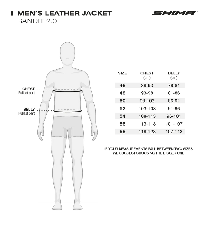 Storleksguide för Shima Mc-Skinnjacka Bandit 2.0 Svart med mått för bröst, midja och höft. Hjälper till att välja rätt storlek för perfekt passform.