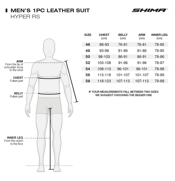 Storleksguide för Shima Mc-Skinnställ Hyper-RS med mått för bröst, mage, arm och innerben. Välj rätt storlek för optimal passform.