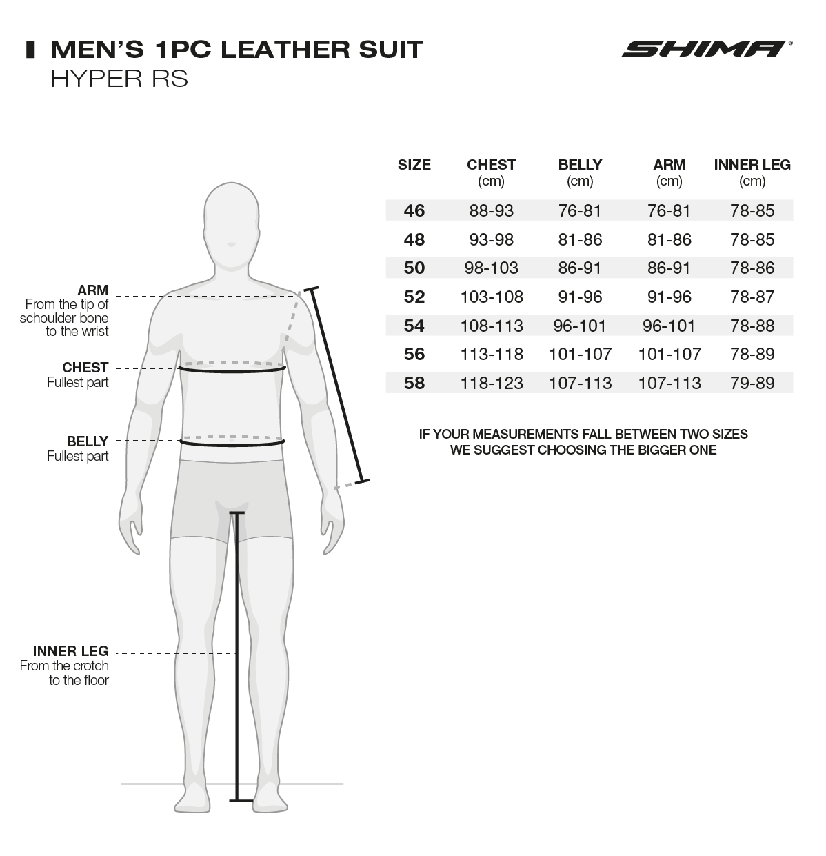 Storlekstabell för Shima Hyper-RS 1-delat mc-skinnställ med mått för bröst, midja, arm och innerben för optimal passform.