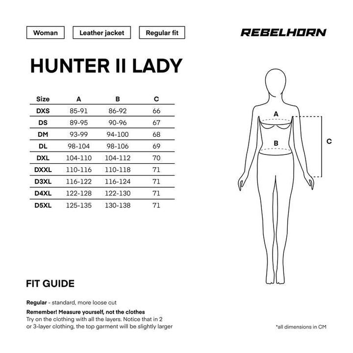 Storleksguide för Rebelhorn Dam Mc-Jacka Hunter II Svart med mått i centimeter för att hitta rätt passform.