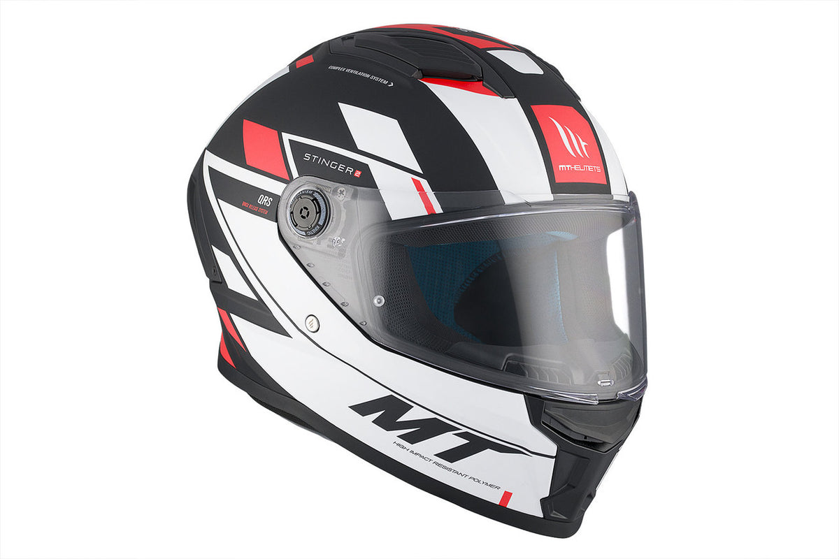 MT Helmets Integral Mc-Hjälm Stinger 2 Zivze B2 med integrerat visir, robust konstruktion och stilren grafik i svart, vitt och rött.