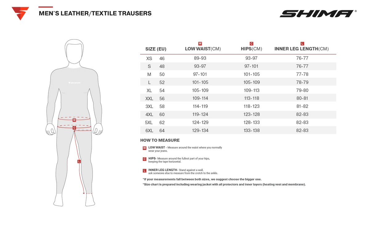 Storleksguide för Shima Textil Mc-Byxor Rush 2.0 Vented Svart med mått för midja, höft och längd i storlekar S-6XL.