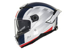 Sidovy av MT Helmets Integral Mc-Hjälm Thunder 4 SV Treads C7 med aerodynamisk form, röd, vit och blå grafik samt justerbart visir.