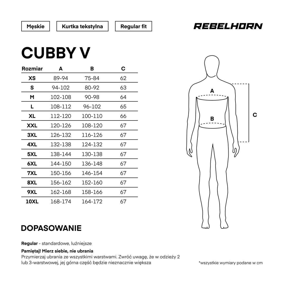 Storlekstabell för Rebelhorn Textil Mc-Jacka Cubby V Antracit med mått för olika storlekar från XS till 10XL.