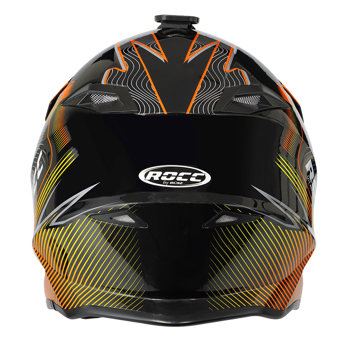 Baksidan av Rocc Cross MC-hjälm 713 i svart och orange med detaljerade linjer och Rocc-logotyp. Högkvalitativ hjälm för MC-förare.