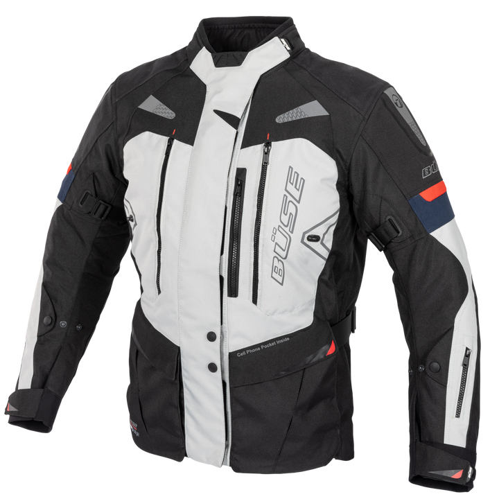 Buse Dam Textil Mc-Jacka Monterey Grå med svart och vit design, justerbara remmar och ventilationsdragkedjor fram. Perfekt för motorcykelåkning.