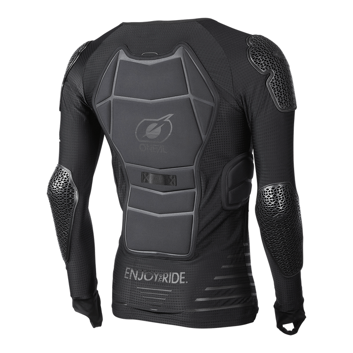 Baksidan av O'Neal Skyddströja STV Långärmad V23 Svart med ryggskydd och ventilerade armbågsskydd. Ergonomisk design för komfort och säkerhet.
