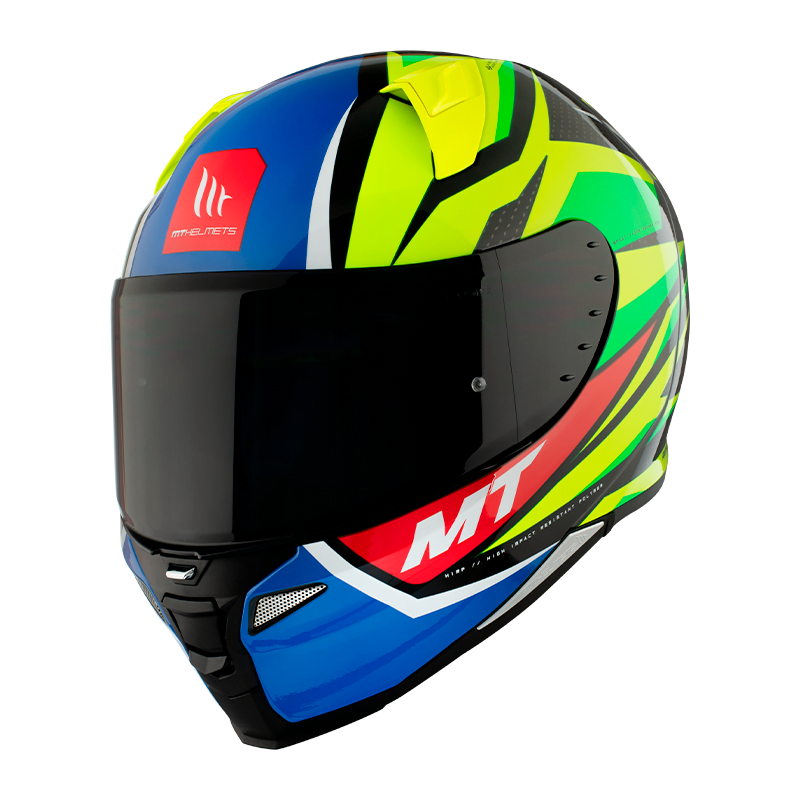 MT Helmets Integral Mc-Hjälm Revenge 2 Kley Flu med aerodynamisk design, blå, gul och grön grafik, storlek XS till XXL.